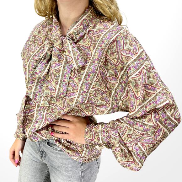 90s BROWNSTONE STUDIO Vintage Green Purple Paisley Bow Neck Blouse - Picture 10 of 12
